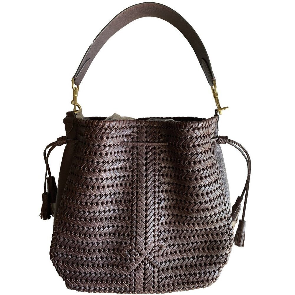 Anya Hindmarch Neeson Leather Woven Bucket Bag in Rosewood Brown
